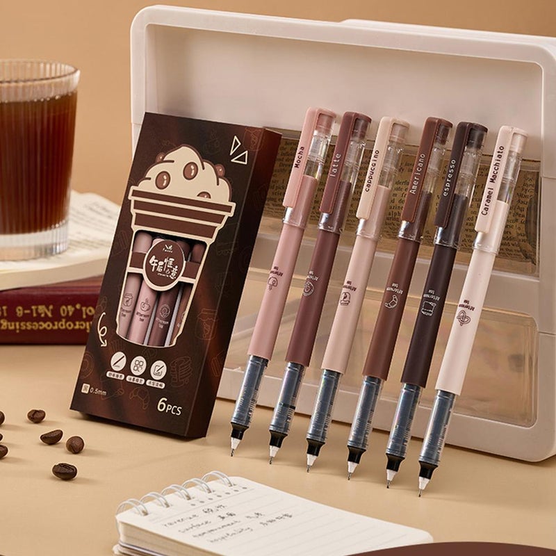 أقلام جيل سائلة بموضوع القهوة، 6 قطع 0.5 مم نقطة دقيقة حبر أسود قلم جيل لا يلطخ لمسة ناعمة لتدوين الملاحظات والرسم في المدرسة، جفاف سريع - Image 1